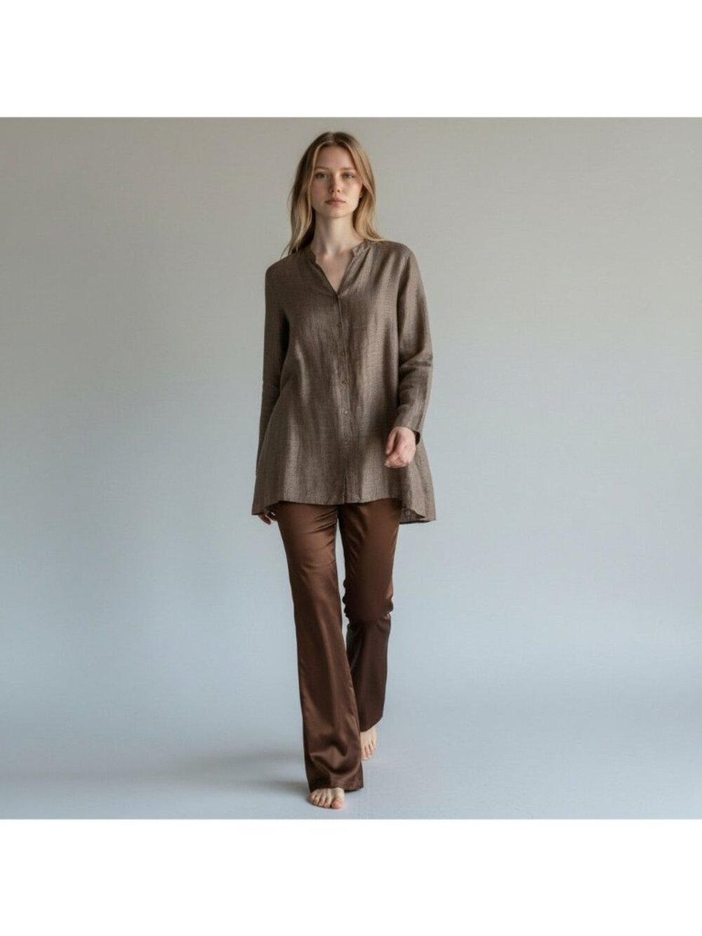 Eileen Fisher Brown Linen Silk Tunic Top Button Front Long Sleeve Minimalist Siz
